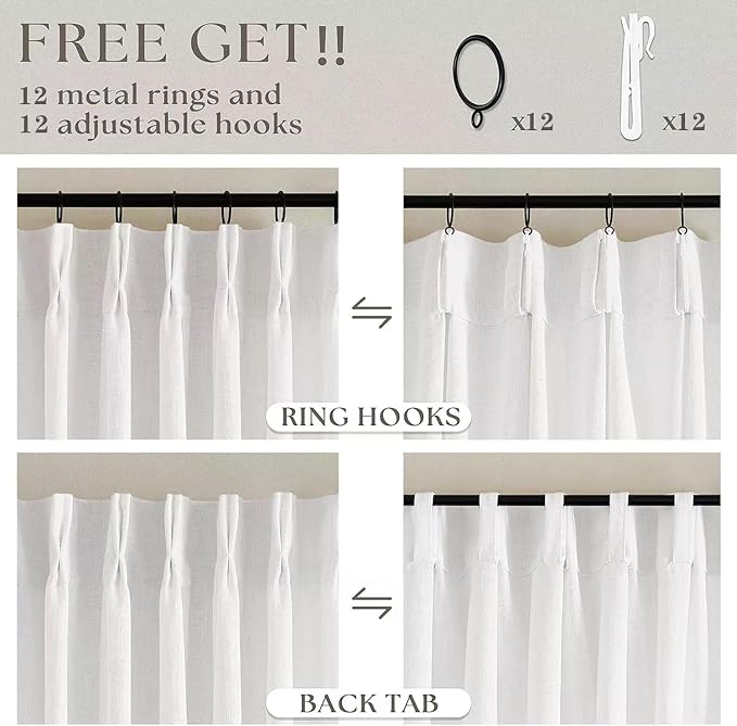 Pinch Pleated Linen 108 Inch Curtains 70 Inch Width for Living Room Divider Light Filtering Ivory Beige White Extra Wide Patio Curtains for Sliding Door Balcony Floor to Ceiling Picture Window 70x108