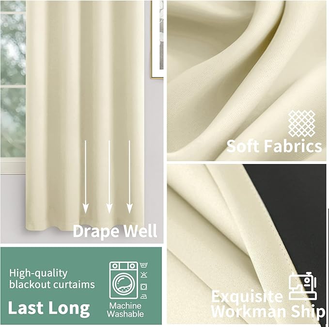 100% Blackout Curtains 84 Inch Length for Living Room 2 Panels, Thermal Insulated Light Blocking Soundproof Grommet Long Window Curtains with Black Liner, Each 52 Inch Wide, Cream