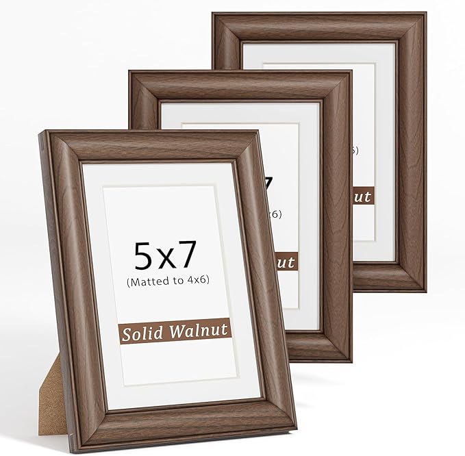 Natural Walnut 5x7 Picture Frames Mat to 4x6 Picture Display Set of 3,Original Wood Handcrafted 5x7 Wooden Photo Frame with Tempered Glass Graduation Family Wedding Pictures Tabletop & Wall Decor