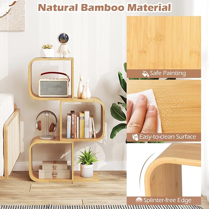 Giantex S-Shaped Bookcase, 3-Tier Bamboo Bookshelf with 3 Open Cubes, Geometric Corner Display Shelf, Decorative Storage Organizer, Floor Storage Rack for Living Room, Home Office, Natural