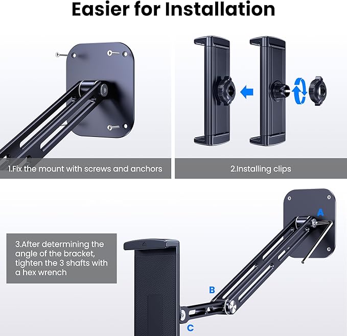 Extended Version Tablet Wall Mount Holder, 15" Aluminium Wall Mount for IPad with 360° Adjustable Rotating Base for iPad Pro Air Mini, Galaxy Tab, All 4.7-13" Phones and Tablets (Long Style)