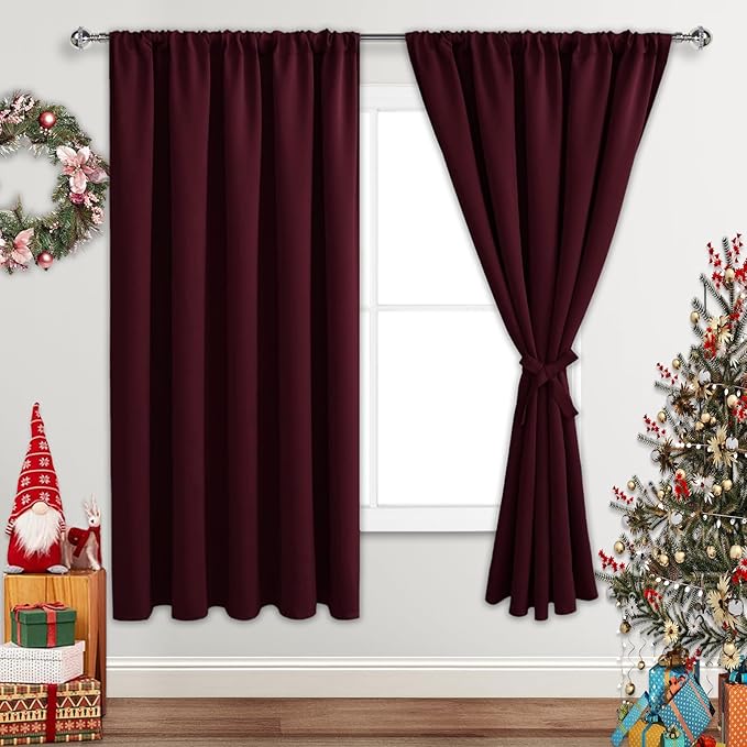 JIUZHEN Christmas Blackout Curtains for Bedroom - Thermal Insulated Room Darkening Noise Reducing, 70 x 63 Inch Length Curtains for Living Room, Set of 2 Panels with Tiebacks,Burgundy