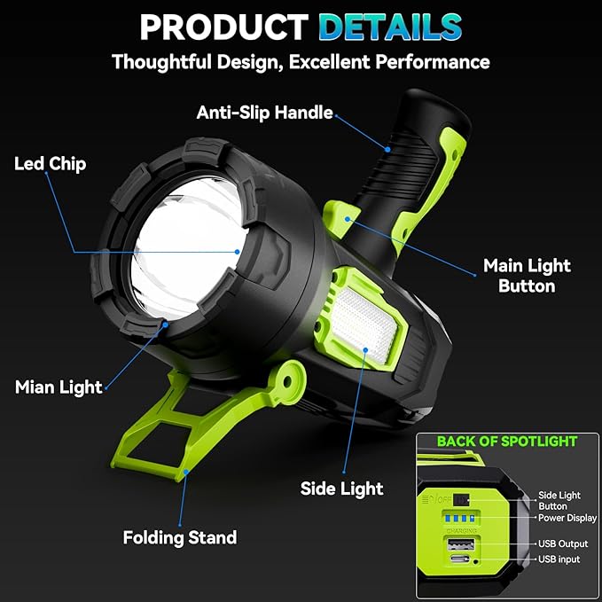 Rechargeable Spotlight，99,000 Lumens Super Bright LED SpotLights Flashlight, 10000ɱAh Spot Lights Long Runtime Waterproof ，Spot Light Outdoor Handheld with Cob Light & Foldable Tripod for Camping