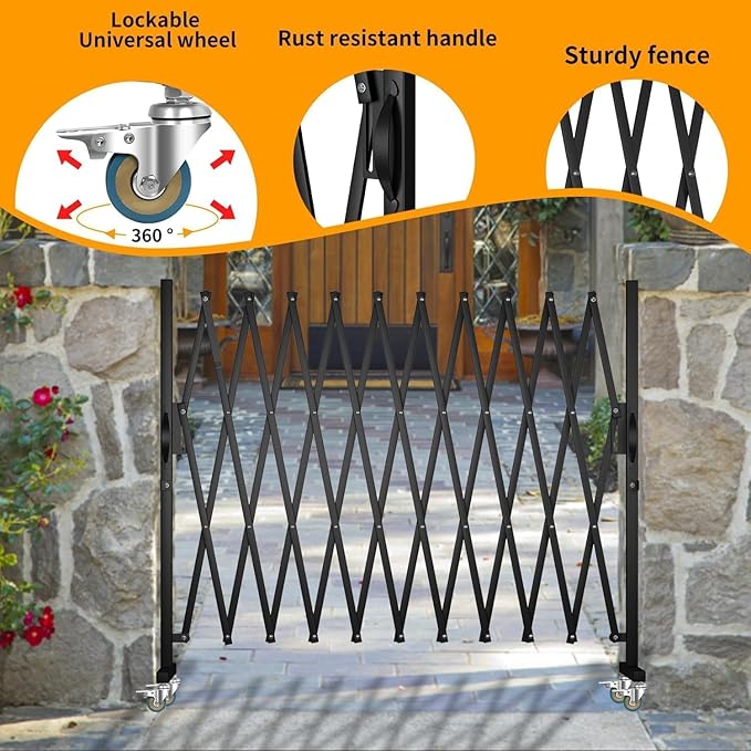 Expandable Barricade Gate,129” Safety Metal Dog Gate with Casters,Accordion Garden Yard Indoor Outdoor Retractable Fence Folding Security Dog Gates Wall Mount,Black