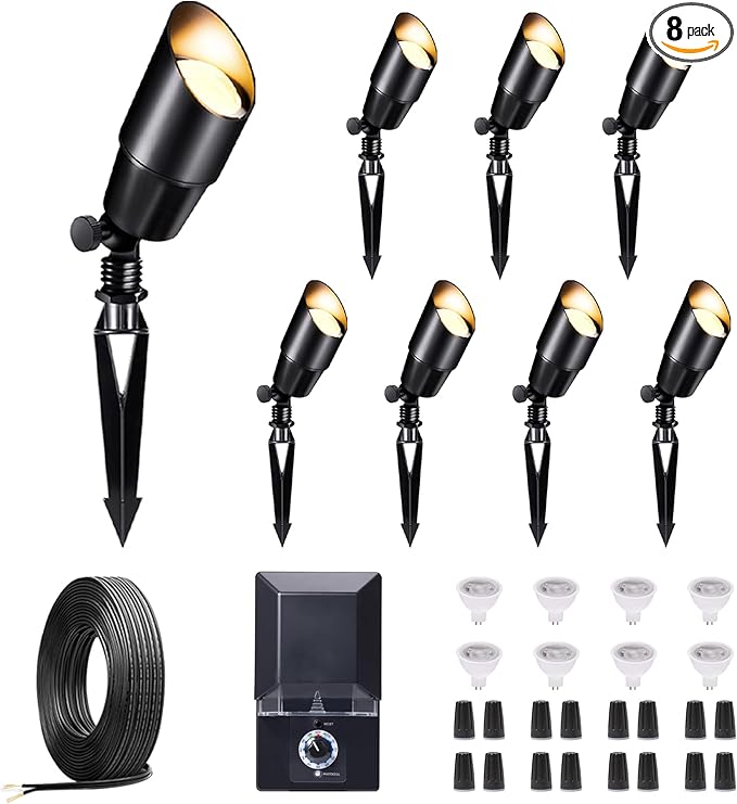 Landscape Lighting Low Voltage Kit, with 8 Pack Black Spotlight and 100W Transformer and 100FT Cable and 30 Wire Connectors, Aluminum Outdoor Lights for Garden Flag Wall Patio