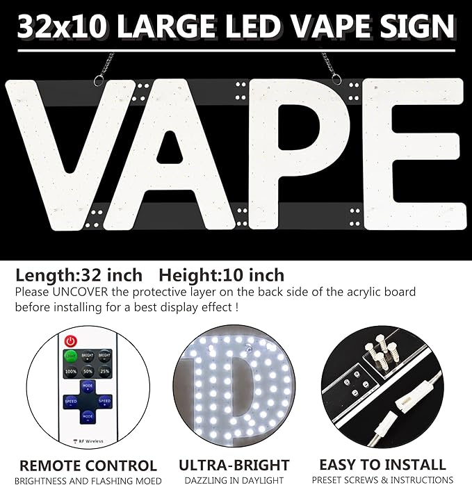 LED VAPE Sign for Business,32x10 inch Vape Smoke Sign Led for Window Wall Door w/Remote Control VapeSmoke Smoking Shop Store