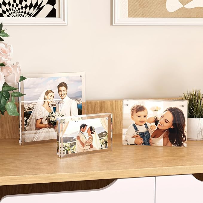 Egofine 5x7 Acrylic Frame, 20mm Thicker Frameless Clear Picture Frame, Double Sided Magnetic Picture Frame, Free Standing Desktop Display