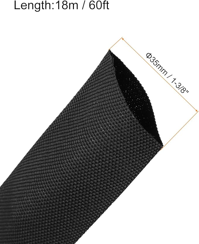 MECCANIXITY Braided Cable Sleeves Heat Shrinkable Fabric Sleeving, 1 3/8" 60ft Black 2:1 Ratio Heat Shrinkable Cord Protector for Harness Cable, Network Cable Protection, Cable Management