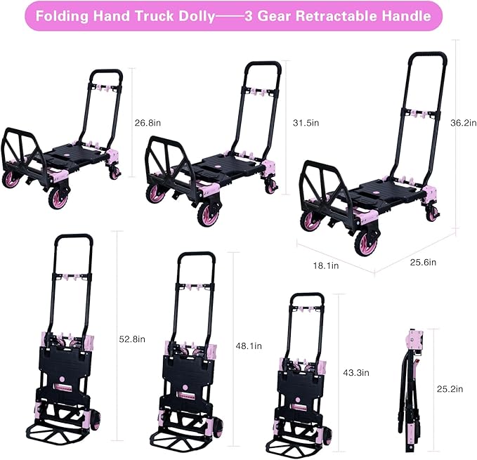 2 in 1 Folding Hand Truck,330LB Folding Dolly Cart with Wheels,Hand Truck Foldable with Telescoping Handle,Collapsible Portable Dolly with 2 Elastic Ropes for Moving(Pink)