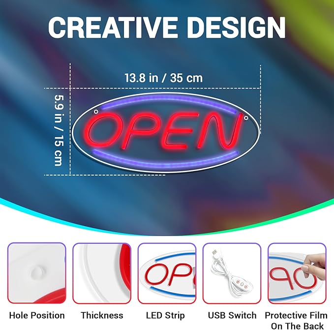 LED Open Sign 13.8"x5.9" for Shop/Bar/Salon Window/Door, Neon Open Sign, Colorful Strip, USB Powered, Transparent Backboard, Hooks/Screws/Chain
