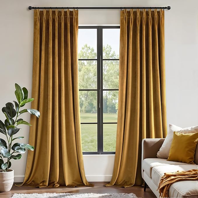 MIULEE Gold Velvet Blackout Curtains 96 inches Long, Pinch Pleated Drapes with Hooks, Thermal Insulated Pleat Design Luxury Panels for Living Room Bedroom, Set of 2