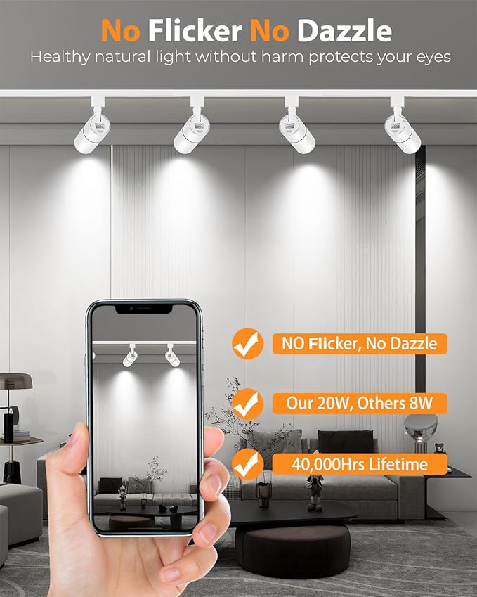 VANoopee 3-Color Zoomable 20W LED Track Lighting Heads H Type Track Light Heads Dimmable Bright Ceiling Spotlight Fixtures for Kitchen, 3000K 4000K 5000K Adjustable, CRI90+ 15°-60° 2000lm White 6 Pack