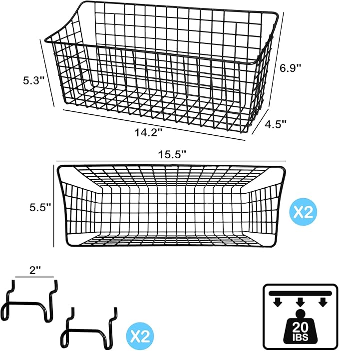 G.CORE 2 Pack Large Pegboard Baskets, Metal Shelves Hooks to 1/8" 1/4" Peg Boards, Peg Board Baskets Bins Set - Organize Tools Workbench Accessories Garage Storage Wall Mount Organizer Attachments