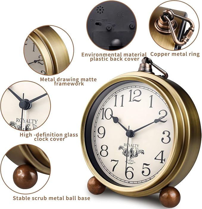 Gold Desk Alarm Clock for Bedroom Kids Modern Mantel Small Table Clock Desktop Farmhouse Tabletop Metal Battery Operated Clock for Bedside Living Room Office Silent 5.5 Inches (Arabic)