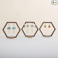 GemeShou 3pcs Wooden stud earring organizer holder, walnut earring hangers with brass base, Small Cute earring display for selling with 9 holes for each【Hexagon frame-3pcs】