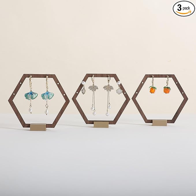 GemeShou 3pcs Wooden stud earring organizer holder, walnut earring hangers with brass base, Small Cute earring display for selling with 9 holes for each【Hexagon frame-3pcs】