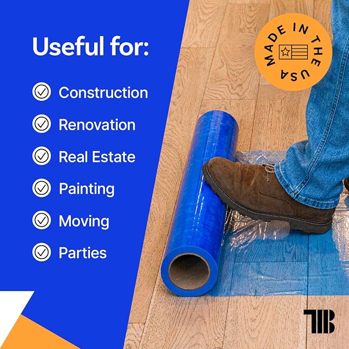 Floor Protection Film, 48 inch x 500' roll, Made in USA, Blue Self Adhesive Floor Protector for Moving and Construction, Temporary Covering for Protection of Hardwood, Tile, Hard Surfaces