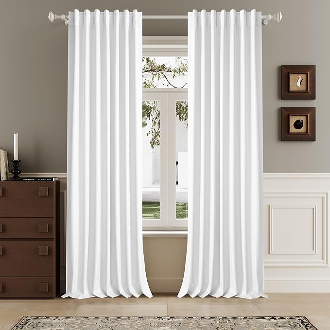 120 Inch Extra Long Linen Pure White Curtains Floor to Ceiling for Sliding Glass Doors 2 Panels, Flax Linen 100% Blackout Elegant Boho Thermal Curtains for Large Windows 10 FT Drapes,50 x 120 Inch