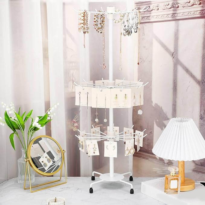 2 Pcs Spinning Jewelry Display Stand 3 Tier Rotating Keychain Earring Retail Rack Adjustable Fashion Counter Jewelry Tree Display Holder Organizer for Women Men (White)