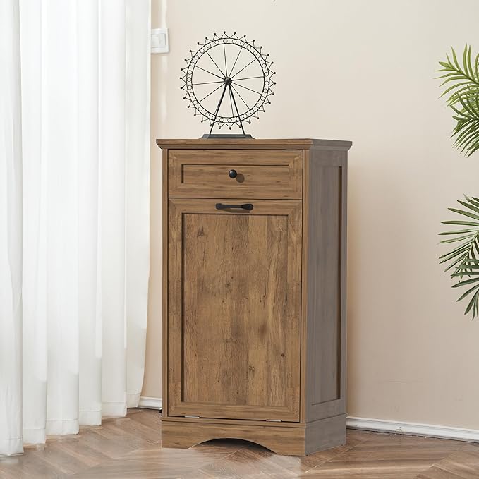 13 Gallons Tilt Out Trash Cabinet Freestanding Kitchen Trash Bin Cabinet Wood Garbage Recycling Cabinet with Hideaway Drawer Pet Proof Trash Can Holder for Kitchen Living Room, Dark Wood