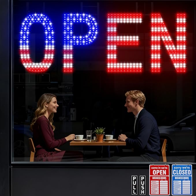 LED Open Signs for Business, exTopGoal 30"x10" Bright Dimmable Open Sign with Remote and 12 Scene Modes, Light Window Sign for Store Shop Storefront Bar Cafes - US Flag