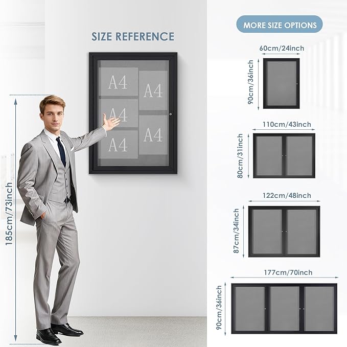 Enclosed Bulletin Board Outdoor Noticeboard with Locking Door, Weather-Resistant, Grey Felt, Black Aluminum Frame, 48 x 34 in