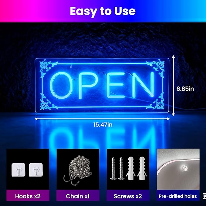 Open Signs for Business, LED Neon Open Sign Lighted Open Lights for Business Window Door Wall Hanging Coffee Snack Bar Restaurant Barbershop Retails Store Shop, USB Power & Dimmab