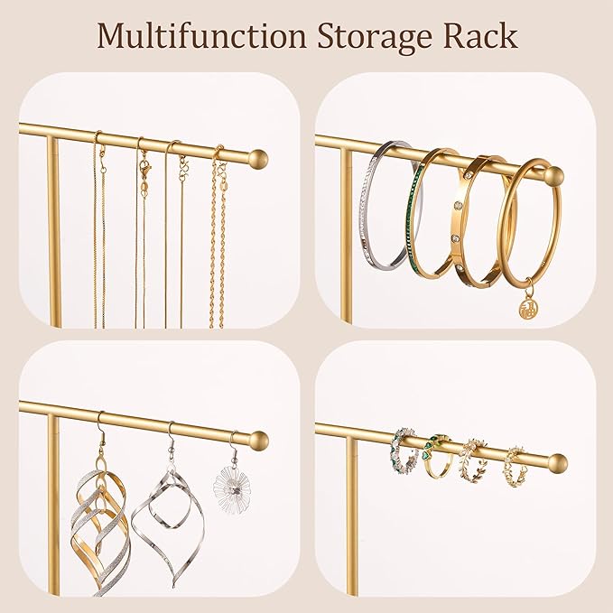 Gold Jewelry Holder Stand with Ceramic Tray: Small Hanging Necklace Organizer Tree for Earrings, Bracelets, Rings – Jewelry Display Hanger for Women & Girls, White