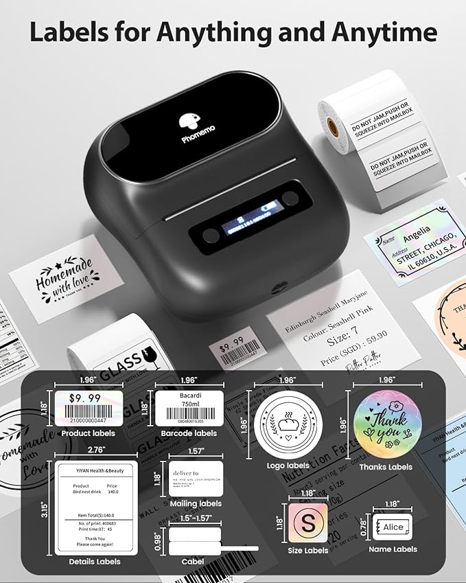 Phomemo Label Maker,M220 Label Printer,3 Inch Bluetooth Thermal Label Maker Machine with 6000+ Icons,700+ Templates,400+ Fonts,for Kids School Items,Small Business,Large Sticker