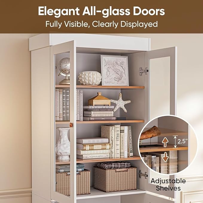 Vyre 71" Tall Farmhouse Bookshelves with Glass Doors, Set of 3 – Large Modular Bookcase with Adjustable Shelves, Storage Cabinet for Living Room, Kitchen, Home Office, White