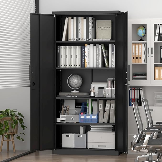 Metal Garage Storage Cabinets,Locking Garage Cabinets with 2 Door and 4 Adjustable Shelves,Steel Tall Cabinet for Home Office,Warehouse,School,Black