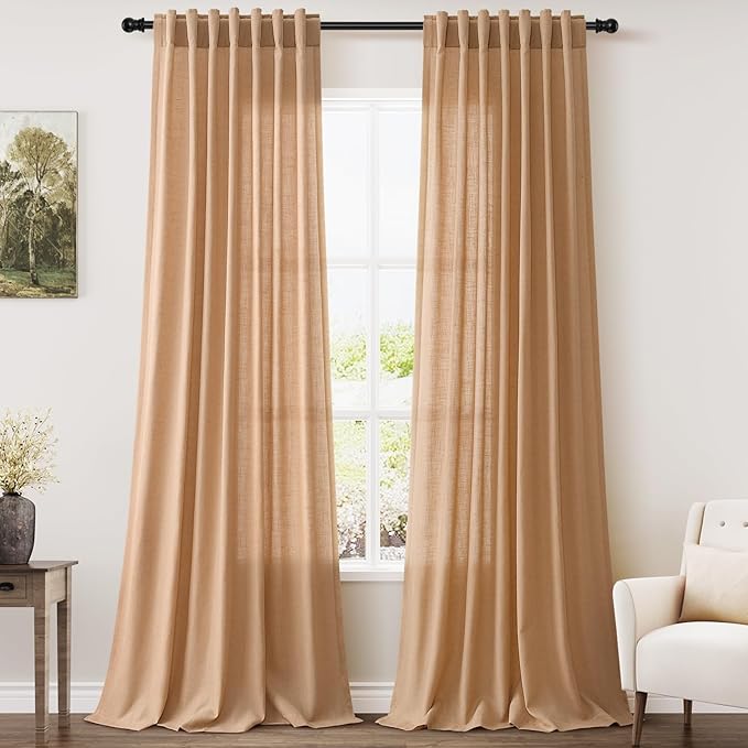 Nanspring Camel Linen Semi Sheer Curtains 2 Panels Set for Living Room Back Tab Rod Pocket Window Drapes Light Filtering Elegant Farmhouse Curtain 100 Inches Long for Dining Room Bedroom 52x100