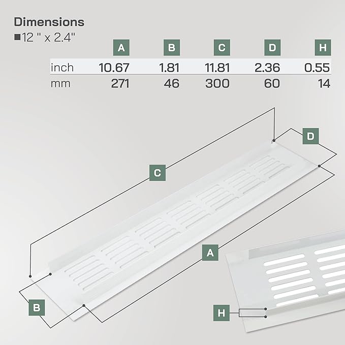 Vent Systems 11.81 x 2.36 (Outer Size) - Pack of 2 - Rectangular Door Vent - White Aluminum Vent Cover Toe Kick Vent Cover - HVAC for Home Cabinet Vent - Intake/Exhaust Door Return Air Vent