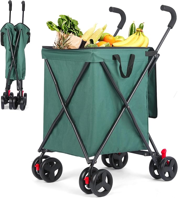 27 Gal/180 LBS Capacity Shopping Cart, Upgrade Huge Grocery Cart on Wheels,Heavy Duty Foldable Utility 360° Rolling Swivel Wheels for Shopping Picnic Groceries Laundry (Dark Green)