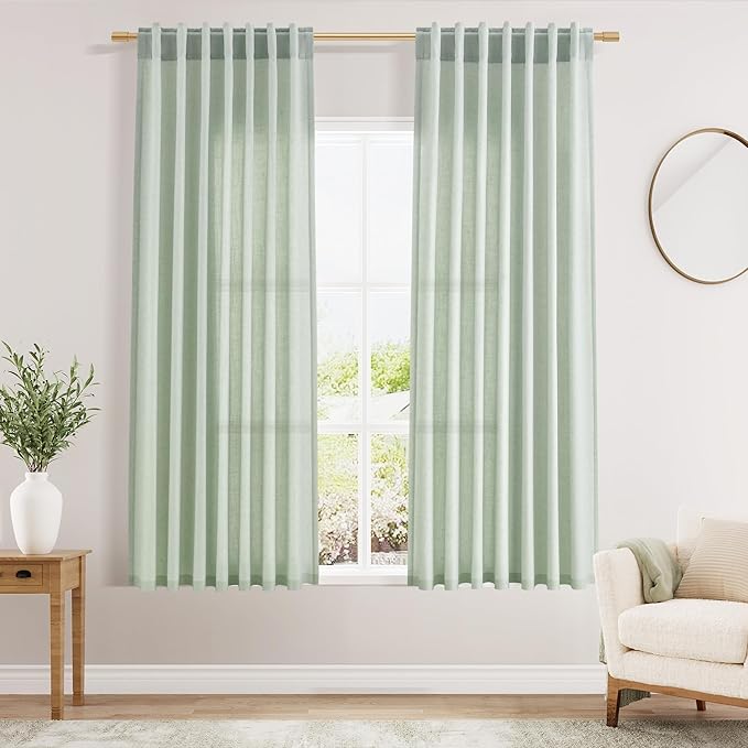 Aqua Green Linen Curtains 63 Inches Long 2 Panel Sets for Living Room Bedroom Rod Pocket Back Tab Light Filtering Drape for Kitchen Window Short Protect Privacy Curtain Modern Farmhouse Decor 52x63