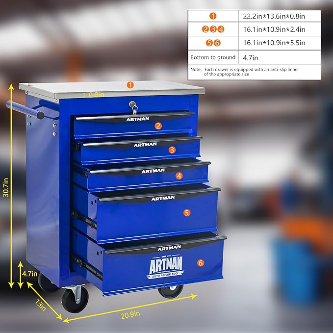 5-Drawer Heavy-Duty Rolling Tool Chest with Wheels & Steel Roof, Lockable Tool Chest Storage Cabinet for Garage, Workshop, Warehouse, and Repair Shop