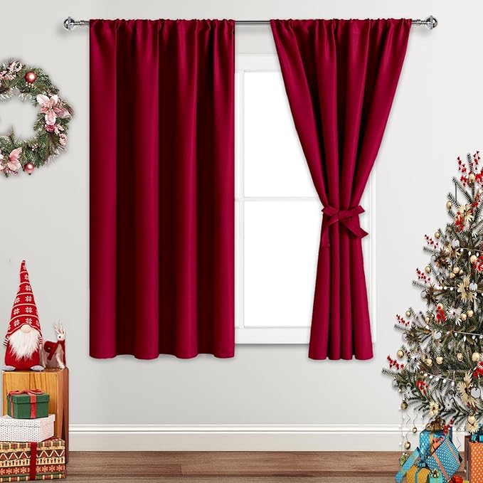 JIUZHEN Christmas Blackout Curtains for Bedroom - Thermal Insulated Room Darkening Rod Pocket Curtains for Living Room, Set of 2 Panels with Tiebacks, 42 x 45 Inch Length, Red