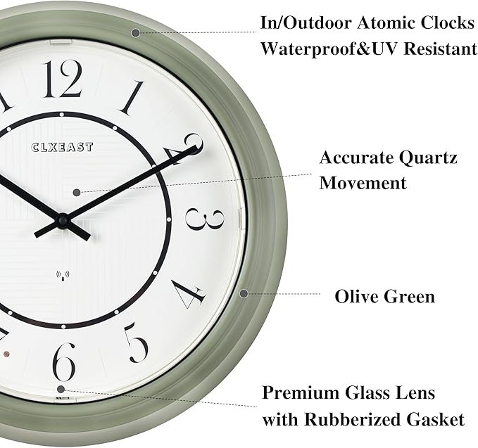 CLXEAST 14" LED Illuminated in/Outdoor Atomic Analog Wall Clock with Night Light,Coastal Beach Nautical Wall Clocks for Living Room Decor, Olive Sage Green Decor