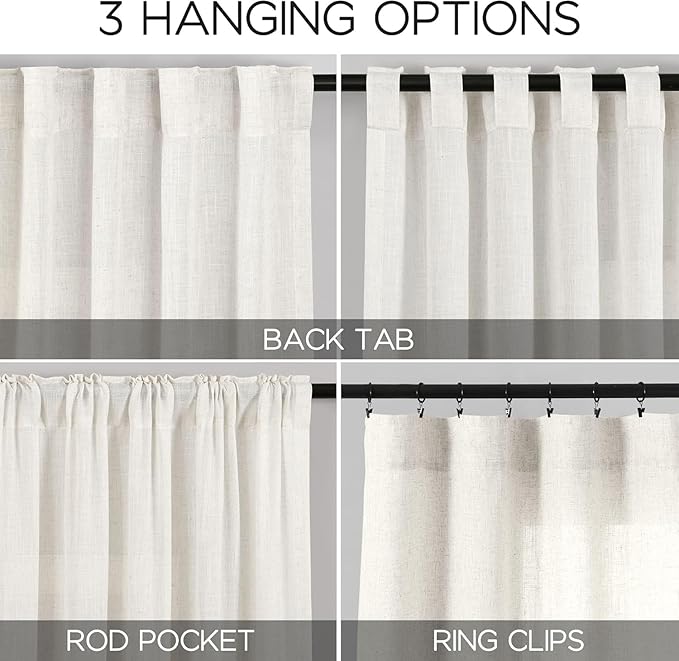 Nanspring 24 Inch Linen Curtains for Kitchen Beige White Small Window Semi Sheer Curtains Back Tab and Rod Pocket Light Filtering Drapes for Basement Short Cafe Curtain 26 x 24 Inch, 2 Panels