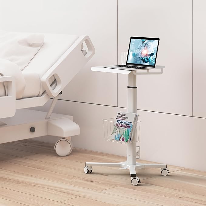 ONKRON Mobile Laptop Cart on Wheels, Load up to 17.6 lbs, Standing Rolling Desk Adjustable Height, Portable Workstation for Laptop/Small Computer Cart for Couch, Home, Office White