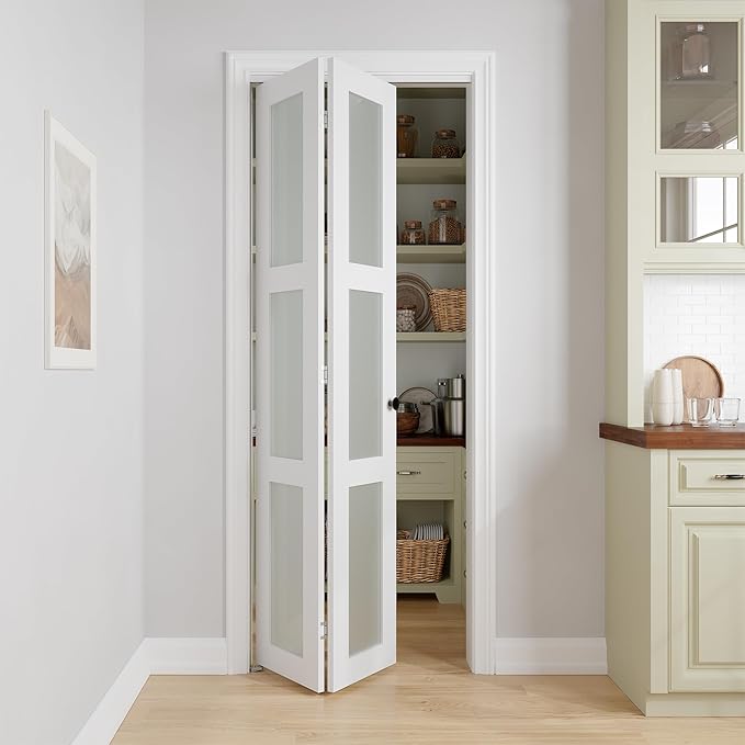 Bifold Doors for 32" x 80-3/4" Opening, 3-lite Tempered Frosted Glass Closet Folding Doors with Hardware kit Included, Easy Assembly, White