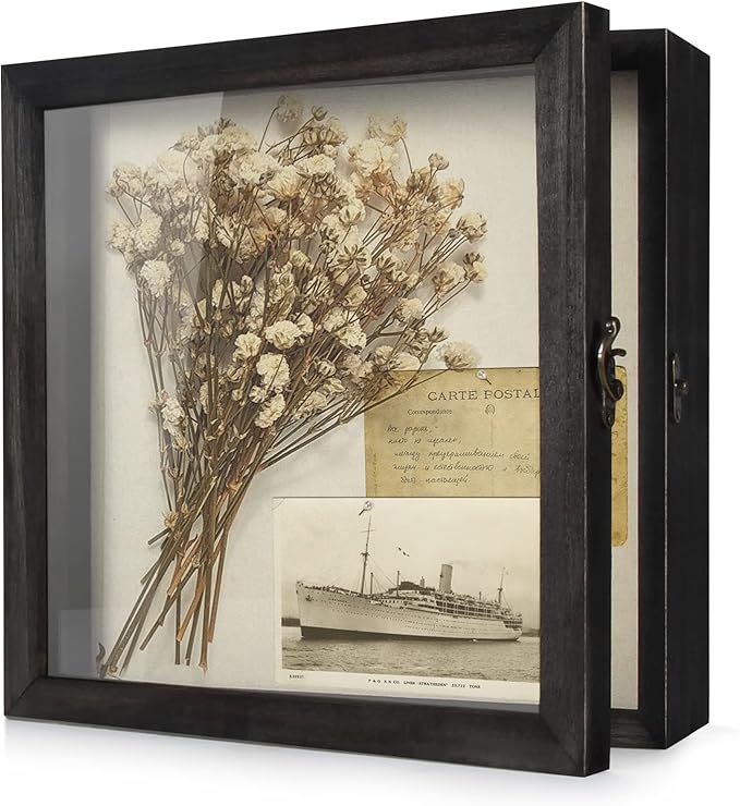 TJ.MOREE Flowers Shadow Box Display Case Large Shadow Box Frame with Glass Window Door Picture Frame Wedding Bouquet Memorabilia Medals Photos Memory Box for Keepsakes - (Rustic Black, 12 x 12 )