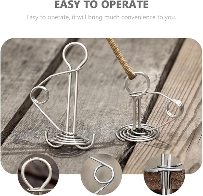 Mikinona 5Pcs High-Strength Tent Deck Pegs with Spring Buckles Silver Stainless Steel Tent Anchor Hooks for Secure Wind-Resistant Camping Canopy and Awning Fixing