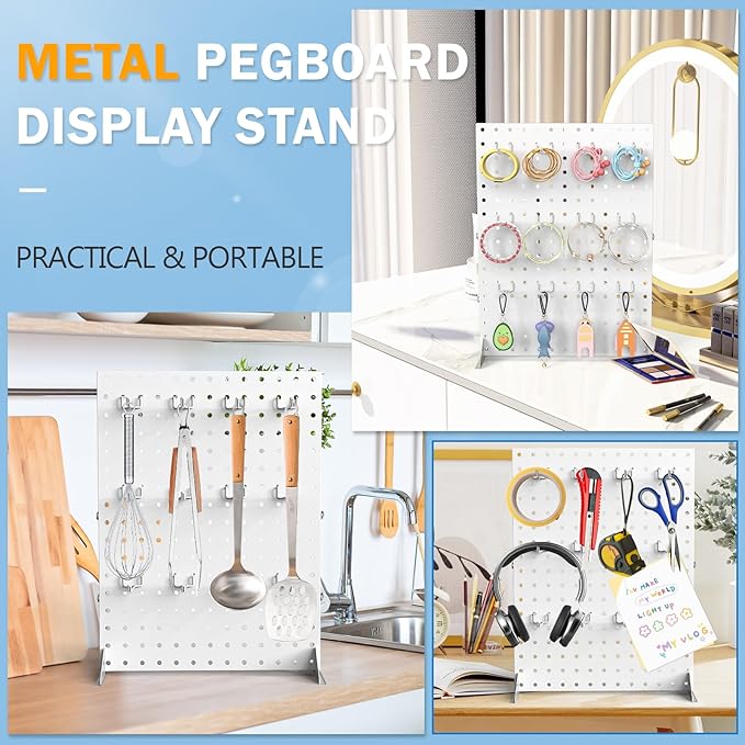 2 Pcs Metal Pegboard Display Stand with 24 Peg Hooks for Retail Crafe Shows&Fairs,White Merchandise Display Rack for Seling Accessories,Display Stands for Boutique,Stores(16*12 inch)
