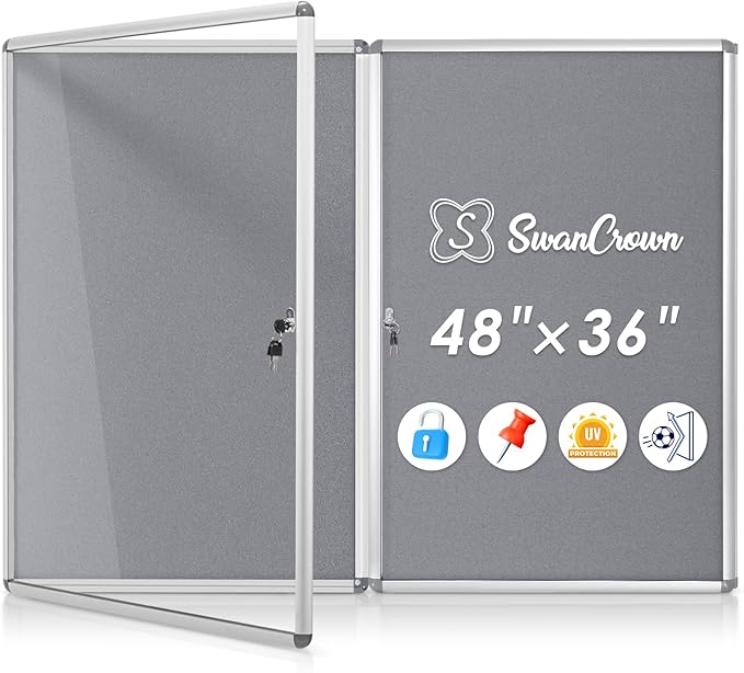 SWANCROWN Enclosed Bulletin Board 36x24 in, Tamperproof Lockable Grey Felt Board Wall Display Case for Office School Commerce, Aluminum Frame, Pack of 2