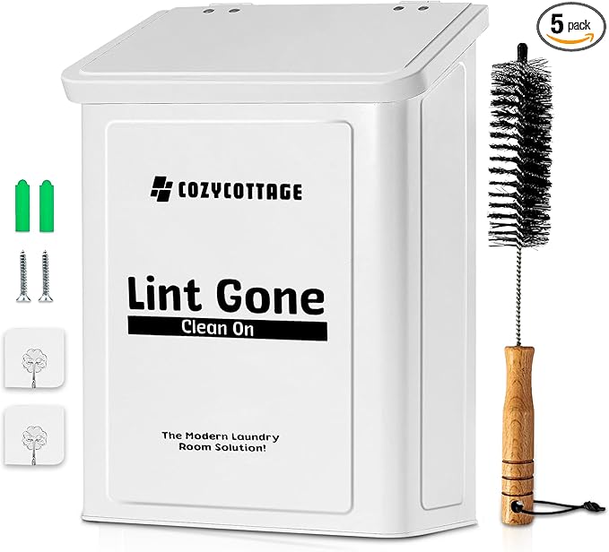 COZYCOTTAGE Magnetic Lint Bin for Laundry Room, Wall Mounted Metal Lint Box Holder Trash Can with Lid for Dryer, Storage Decor with Dryer Lint Basket for Laundry Room Organization, White