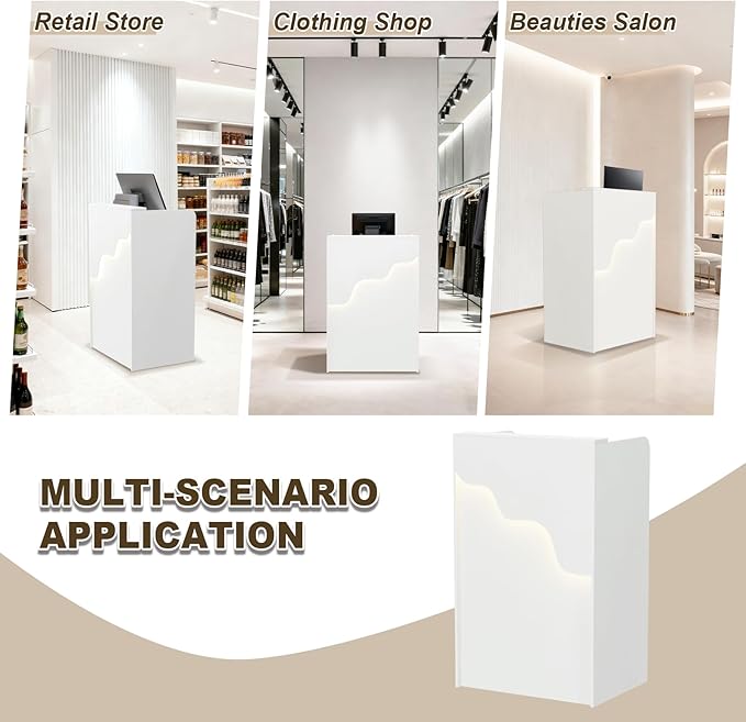 Small Reception Desk with Counter LED Light, Modern Front Desk with Lockable Drawer, White Retail Checkout Counter for Clothing Store Lobby Beauty Salon (White, 37.8x23.6x15.7in)