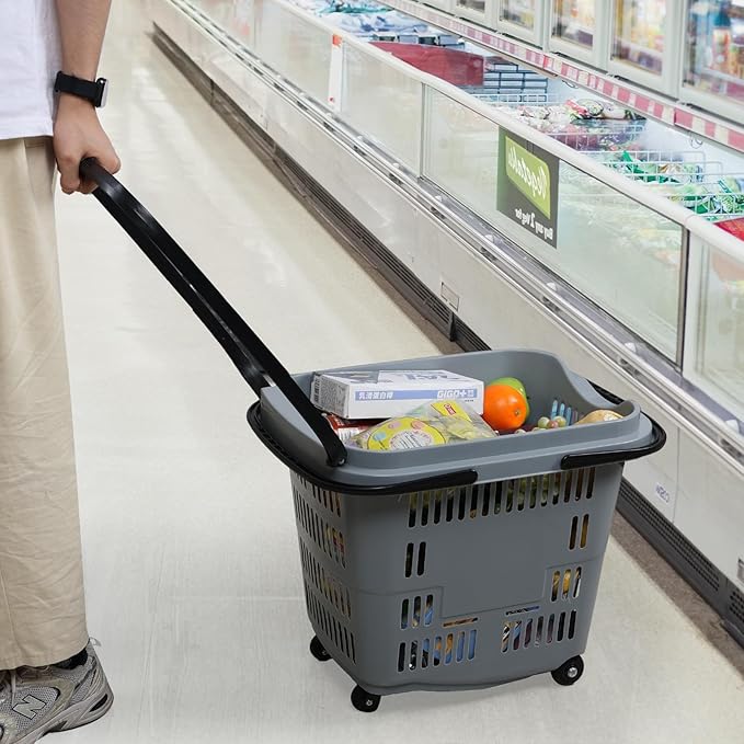 Ramddy 6-Pack 50 L Plastic Shopping Basket with Wheels and Handle, Grocery Shopping Basket, Grey