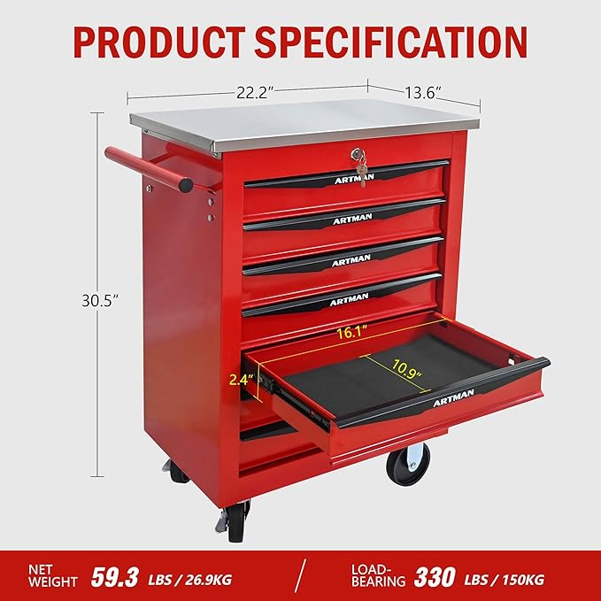 7 Drawers Tool Cart on Wheels with Stainless Steel Worktop, Heavy Duty Mobile Rolling Drawer Tool Chest with Locking Wheels & Lockable Drawers, Garage Tool Storage Cabinet (Red, 7 Drawers)