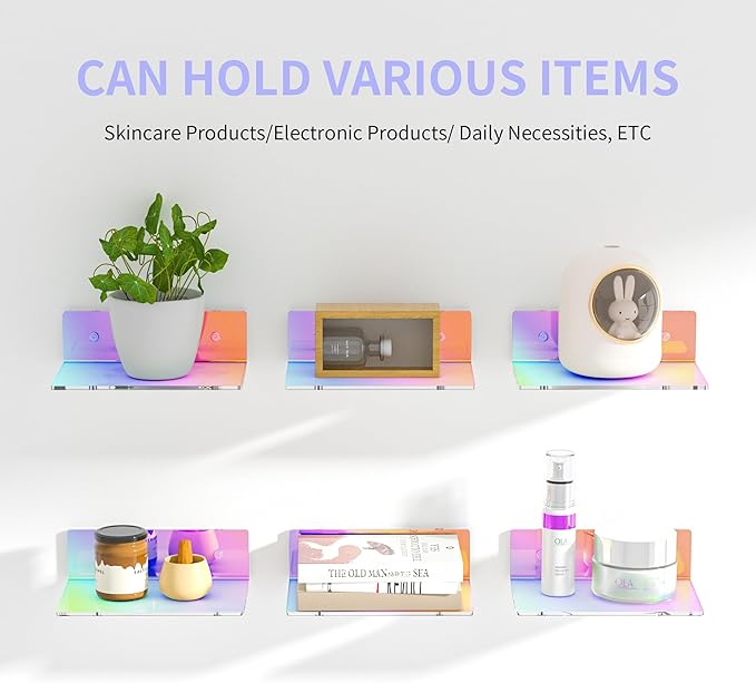 9 Inches Iridescent Floating Shelves Acrylic, White Wall Shelves for Living Room Décor, Bedroom, Bathroom, Kitchen, Dining Room, Brand Store, Retails, Gaming Room, 2 Pack